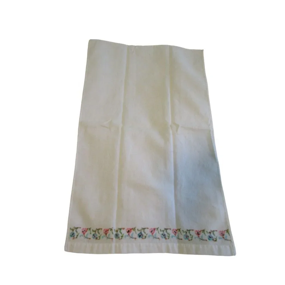 Vintage Hand Embroidered Guest Tea Hand Towels Pink Blue Floral Minor Age Stains